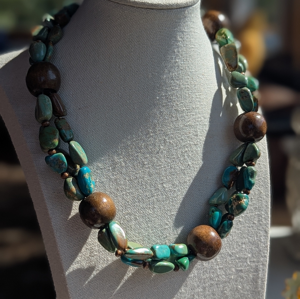 Tourqoise Wood Beaded 925 Sterling Silver Necklace
